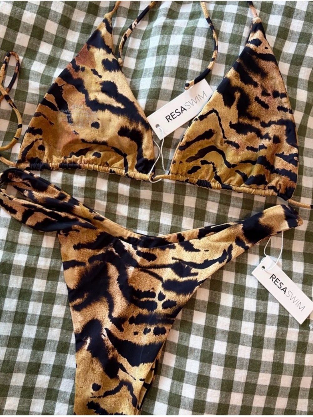 RESA Tiger Print Triangle Bikini in Black Gold m bottom L top